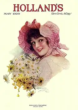 The word "Holland's" is in red text, centered near the top of the magazine. The next line says, "May 1920 Ten Cents a Copy". Below that is an illustration of a woman in a red and white checked bonnet holding a bouquet of yellow and white daisies and looking over her left shoulder at the viewer. At the bottom are the words, "Holland's Magazine, Dallas Texas."