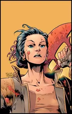 A head shot of a bloodied Melaka Fray holding the scythe over her shoulder.