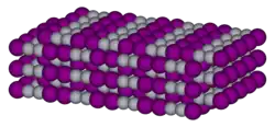 Spacefil model of crystalline mercury(I) iodide