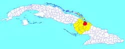 Minas municipality (red) within Camagüey Province (yellow) and Cuba
