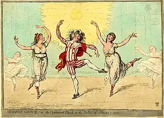 Three ballet dancers, two females around a male dressed in revealing costumes. The dancer on the right (Parisot) has an exposed breast.