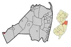 Location of Allentown in Monmouth County highlighted in red (left). Inset map: Location of Monmouth County in New Jersey highlighted in orange (right).