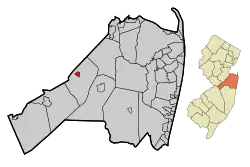 Location of Englishtown in Monmouth County highlighted in red (left). Inset map: Location of Monmouth County in New Jersey highlighted in orange (right).