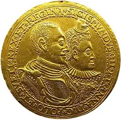 Gold coin featuring King Sigismund and Queen Anne, 1598