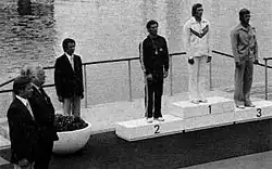 Black and white photo of a medal ceremony, 1976 Montreal Olympics