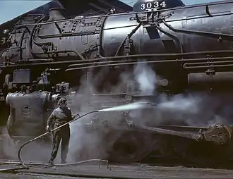 Washing a steam locomotive