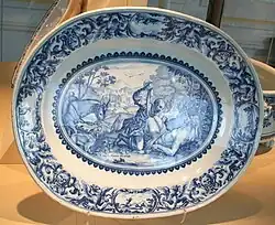 Plate with blue grand feu decoration: The Good Samaritan (Moustiers) painted by Gaspard Viry (1711)