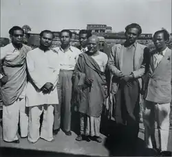 Winter, 1955. In front of Burdwan House Ustad Alauddin Khan with (from left) artist Quamrul Hassan, Ustad Khadem Hossain Khan, Shilpacharya Zainul Abedin, Sarder Jayenuddin and others in the music conference held in Dhaka.