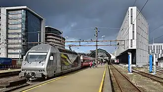 NSB El 18 class electric locomotive no 2249 awaits departure from Bergen station with an Oslo S-bound express train