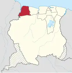 Map of Suriname showing Nickerie district