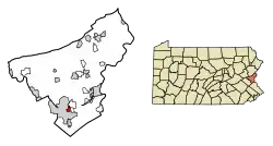 Location of Freemansburg in Northampton County, Pennsylvania (left) and of Northampton County in Pennsylvania (right)