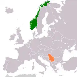 Map indicating locations of Norway and Serbia