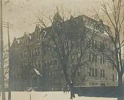 Exterior view of the Notre Dame Academy building in 1907 from a postcard