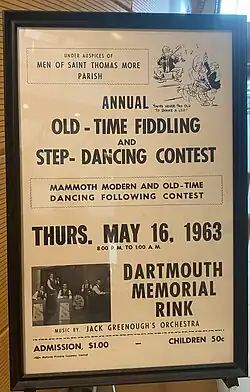 Old yellowed poster promoting the 1963 old-time fiddling and step-dancing contest being held at the Dartmouth Rink with music from the Jack Greenough orchestra.