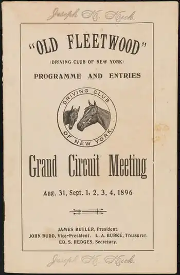 Cover from printed program for "Old Fleetwood" Grand Circuit Meeting (Aug 31, Sept 1, 2, 3, 4, 1896)