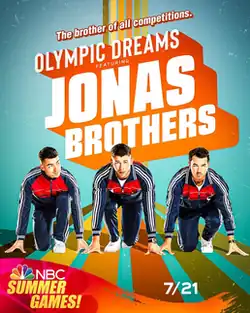 The image displays the Jonas Brothers (from left: Joe, Nick and Kevin), wearing tracksuits, positioned for starting race. The background is blue and features the special name, large at the center, in white and orange.