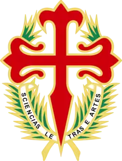 A red Cross of Saint James set upon a laurel wreath with the words, "Ciencias Letras e Artes"