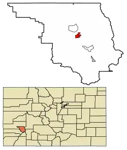 Location of Ridgway in Ouray County, Colorado.
