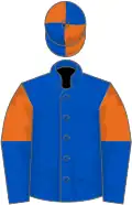 Royal blue, orange and royal blue halved sleeves, orange and royal blue quartered cap