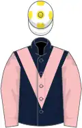 Dark blue, pink chevron and sleeves, white cap, yellow spots