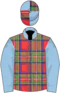 tartan, light blue sleeves, light blue collar, quartered cap