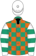 Emerald green and orange check, white and emerald green hooped sleeves, white cap