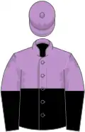 mauve and black halved horizontally, mauve and black halved sleeves, mauve cap