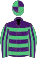 Purple, emerald green hoops, emerald green and purple striped sleeves, quartered cap