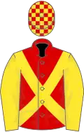Red, yellow cross-belts and sleeves, checked cap