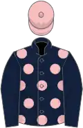 Dark blue, pink spots, dark blue sleeves, pink cap