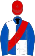 Royal blue and white quartered with red sash, royal blue sleeves, red cap