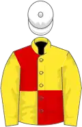 Yellow and red quartered, yellow sleeves, white cap