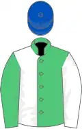 Emerald green and white (halved), sleeves reversed, royal blue cap