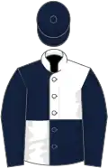 White and dark blue (quartered), dark blue sleeves and cap