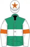 Emerald green, white hoop, white sleeves, orange armlets and star on white cap