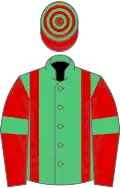 Emerald green, red braces, red sleeves, emerald green armlet, red and emerald green hooped cap
