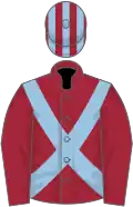 Maroon, light blue cross belts, striped cap