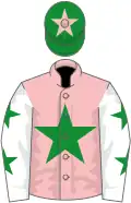 Pink, green star, white sleeves, green stars, green cap, pink star