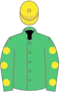 Emerald green, yellow spots on sleeves, yellow cap