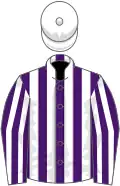 Purple and white stripes, white cap