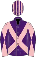 Purple, pink cross belts, pink and purple diabolo on sleeves, striped cap