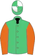 Emerald green, orange sleeves, emerald green and white quartered cap
