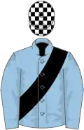 Light blue, black sash, black and white check cap