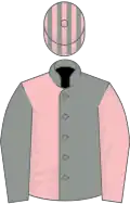 Grey and pink (halved), reversed sleeves, striped cap