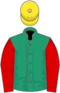 Emerald green, red sleeves, yellow cap