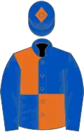 Royal blue and orange (quartered); blue sleeves and cap with orange diamond