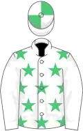 White, emerald green stars, white sleeves, quartered cap