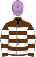 Brown and white hoops, mauve cap