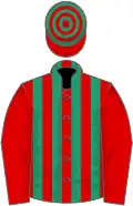 Red and emerald green stripes, red sleeves, hooped cap