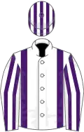 White, purple braces, striped sleeves and cap
